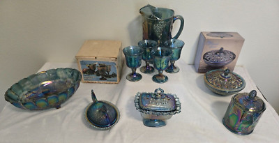 Vintage 1970's Blue Carnival Glass Set   Indiana Glass Company   Timeless Elegan