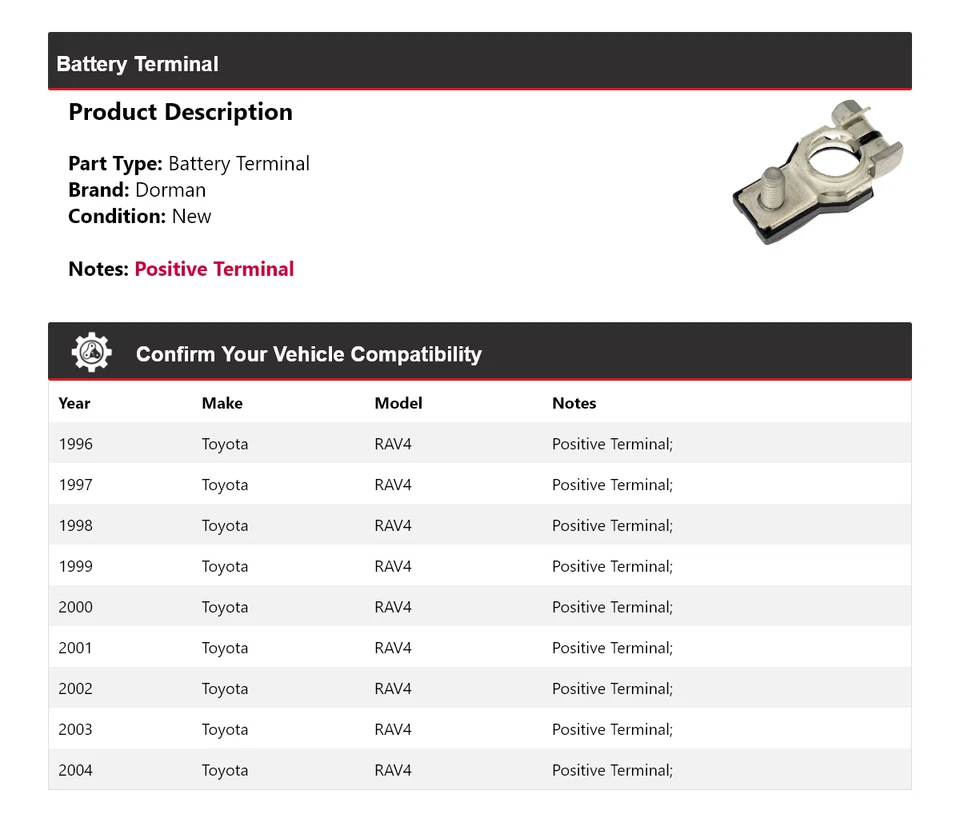 Terminal de batería para Toyota RAV4 Dorman 1996-2004 1997 1998 1999 2000 2001 2002 Foto 2 de 4