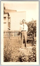 Vtg B&W Snapshot Man With Flannel Tie Garden Setting 1940s