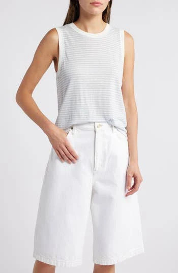 Frame Striped Muscle Crew 100% Linen Tee SZ M NWT $148