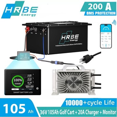 36V 105Ah Golf cart LiFePO4 Lithium Battery 200Amp BMS 15000+ Deep Cycle Charge