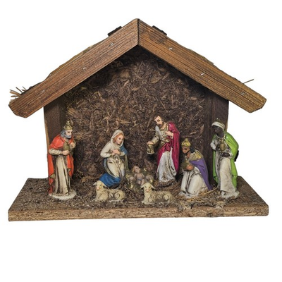 #ad Vintage Nativity Set Christmas Creche Rustic Straw Roof Moss Floor Holiday Decor $26.99