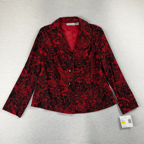 Sag Harbor Med Red & Black Floral Blazer/Jacket Long Sleeves Button Front Lined