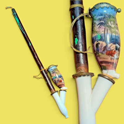 Antique 19'' German Longstem Wood Painted Porcelain Tobacco Pipe NEUSILBER HEINE