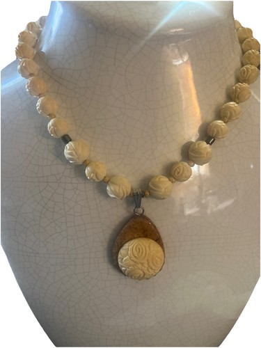 Artisan Fred Phillips Petrified Wood  Carved Organic Bead 18”  Necklace Unsigned