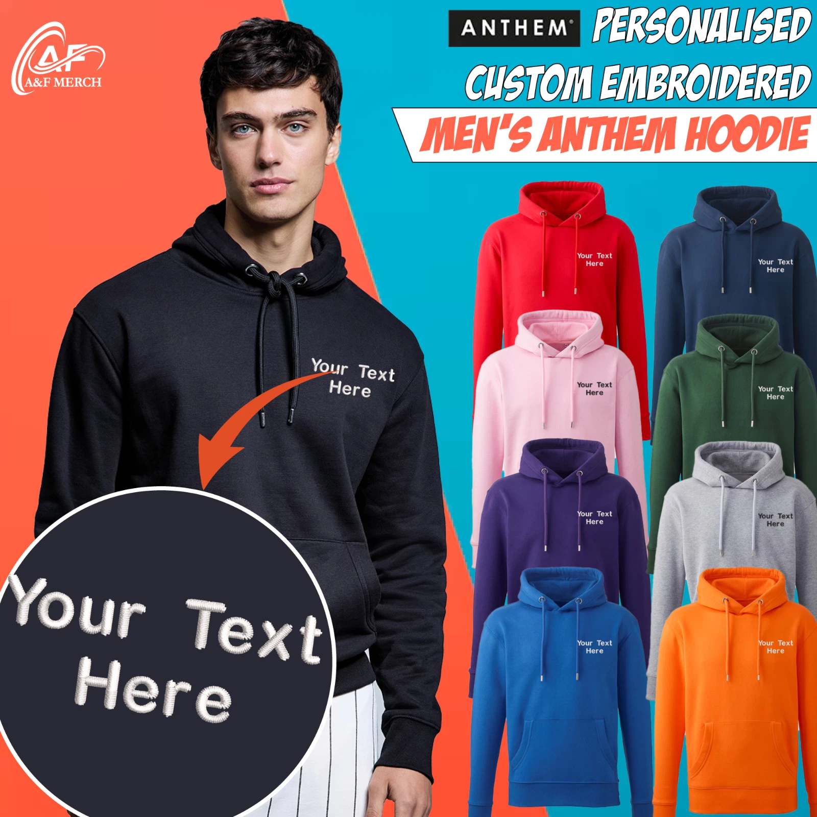 Personalised Custom Embroidered Anthem Hoodie Text Logo Unisex Workwear