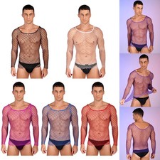 Men Fishnet See Through Muscle Tops Long Sleeve Stretch Mesh T-Shirts Club Party