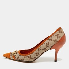 Gucci Horsebit Size 37 BeigeOrange Suede and Canvas Pointed Toe Pumps