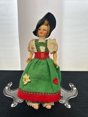 VINTAGE 1960s Lenci (?) 7.5'' Handmade Girl Doll w Green Felt Hat & Dress - Italy