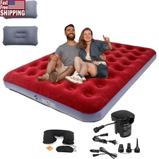 Queen Size Inflatable Camping Air Mattress W/ Pump & Pillows Portable Sleep Pad