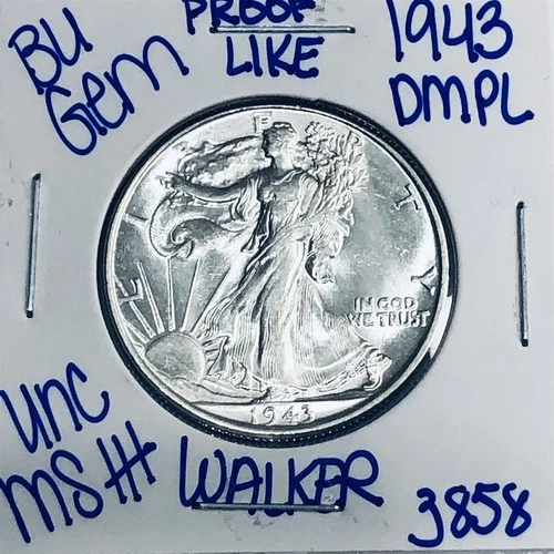 1943 BU UNCIRCULATED WALKING LIBERTY SILVER HALF DOLLAR AUTHENTIC U.S. MINT 3858