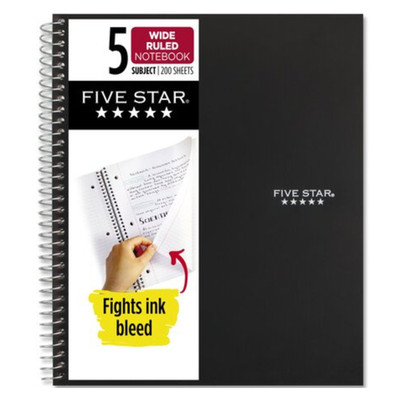 Five Star 5-Subject Spiral Notebook [Wide Ruled]: 8 in. x 10-1/2 in. (Black)