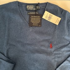 NWT 98 POLO RALPH LAUREN Mens XL PIMA COTTON V-NECK SWEATER Shale Blue