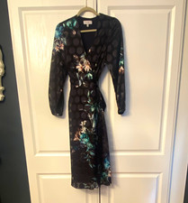 Coast Size 12 Black Floral Wrap Midi Dress V-Neck Long Sleeve Polyester