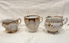 3pc Porcelain Tea Set Floral White/Gold Glossy 6 oz Teacup Creamer Sugar