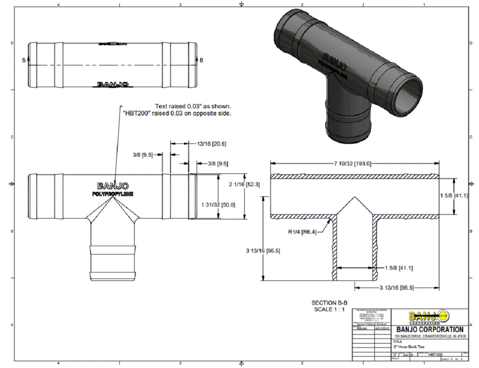 Banjo 2 Inch Poly Hose Barb Tee 2" Hose Barb X 2" Hose Barb - HBT200 - Image 3 of 3