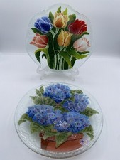 2 Art Glass Tulips & Hydrangea Wavy Edge Pebbled 8 inch Bowls Made In USA  /rb