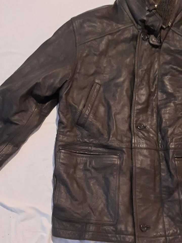 Abrigo de cuero para hombre Paradox talla XL marrón desmontable cuello de piel sintética chaqueta pesada Foto 3 de 4