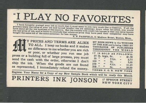 1912 NY Printers Ink Johnson W/Prices For Bulk Ink Used By Printers Of ...
