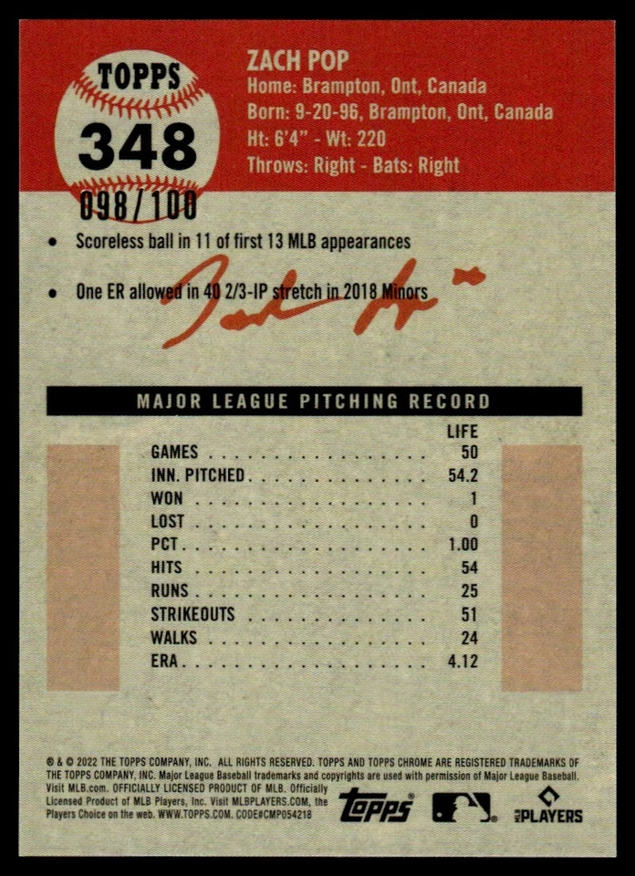 2022 TOPPS CHROME PLATINUM PINK TOILE REFRACTOR Zach Pop 098/100 Miami Marlins - Image 2 of 2