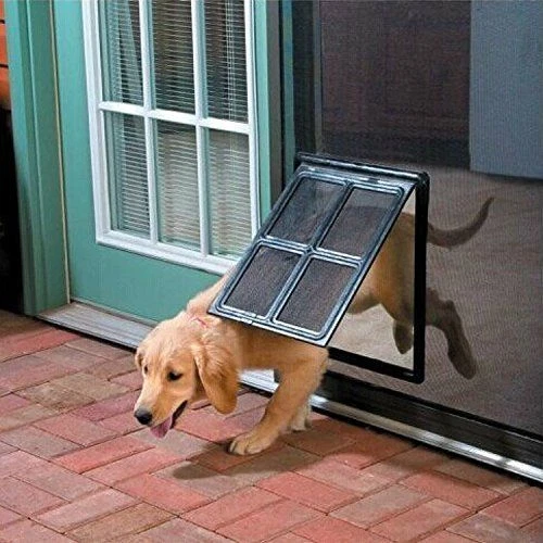 Black storm door with dog door top
