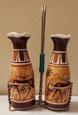 Rhodes Lindos Tringatizis hand painted Greek Pottery Oil & Vinger Set with Stand