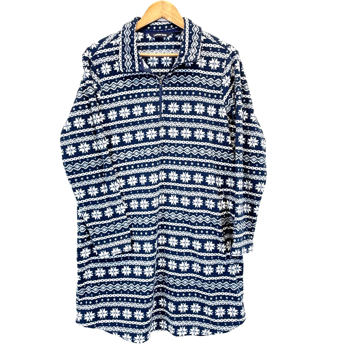 Lands End Womens XL P Fair Isle Fleece Sleep Shirt Gown Blue