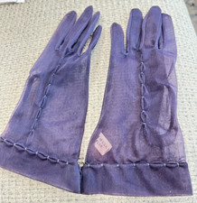 Vintage Navy Blue Nylon Sheer Decorated Gloves, 2 7/8", Sz 7, Small