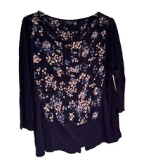 Lucky Brand Womens L Top Navy With Floral Design Long Sleeve Tunic