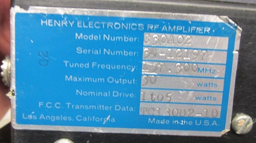 Henry c30a02 vhf rf amplifier 157.300mhz 30 watt output 1-5 watt nominal drive - Picture 3 of 4