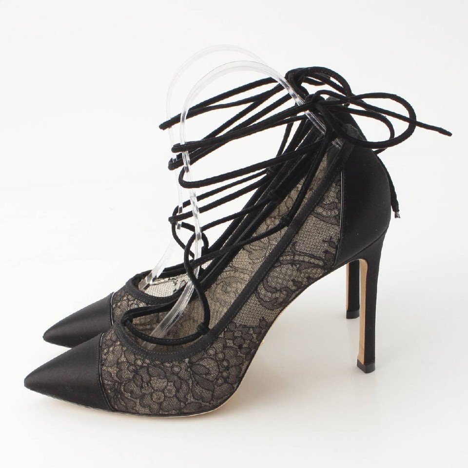 Louis Vuitton Flower Lace Up Satin Heel Pumps Black 1/2 Used Warranty