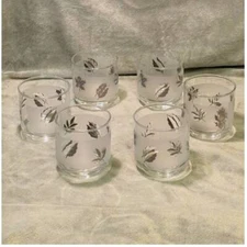 Vintage Libbey Frosted Silver Leaf Foilage Set of (6) 8oz Rocks Glasses