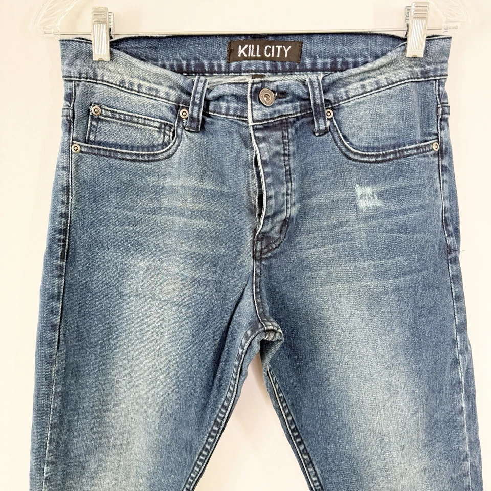 Pantalones de mezclilla Kill City azules desgastados INDIE talla 30 recortados lavado oscuro informales Foto 2 de 4