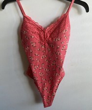 Victoria s Secret Pink Bodysuit Floral Ribbed Cotton Blend Lace Trim Top Small