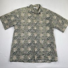 Pierre Cardin Hawaiian Shirt Mens L Button Down 100 Cotton Green Tan Flaw