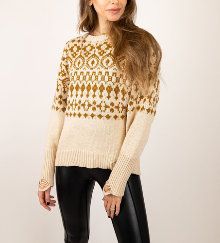 NSF Beige Elsa Intarsia Distressed Crew Neck Boyfriend Sweater Sz S