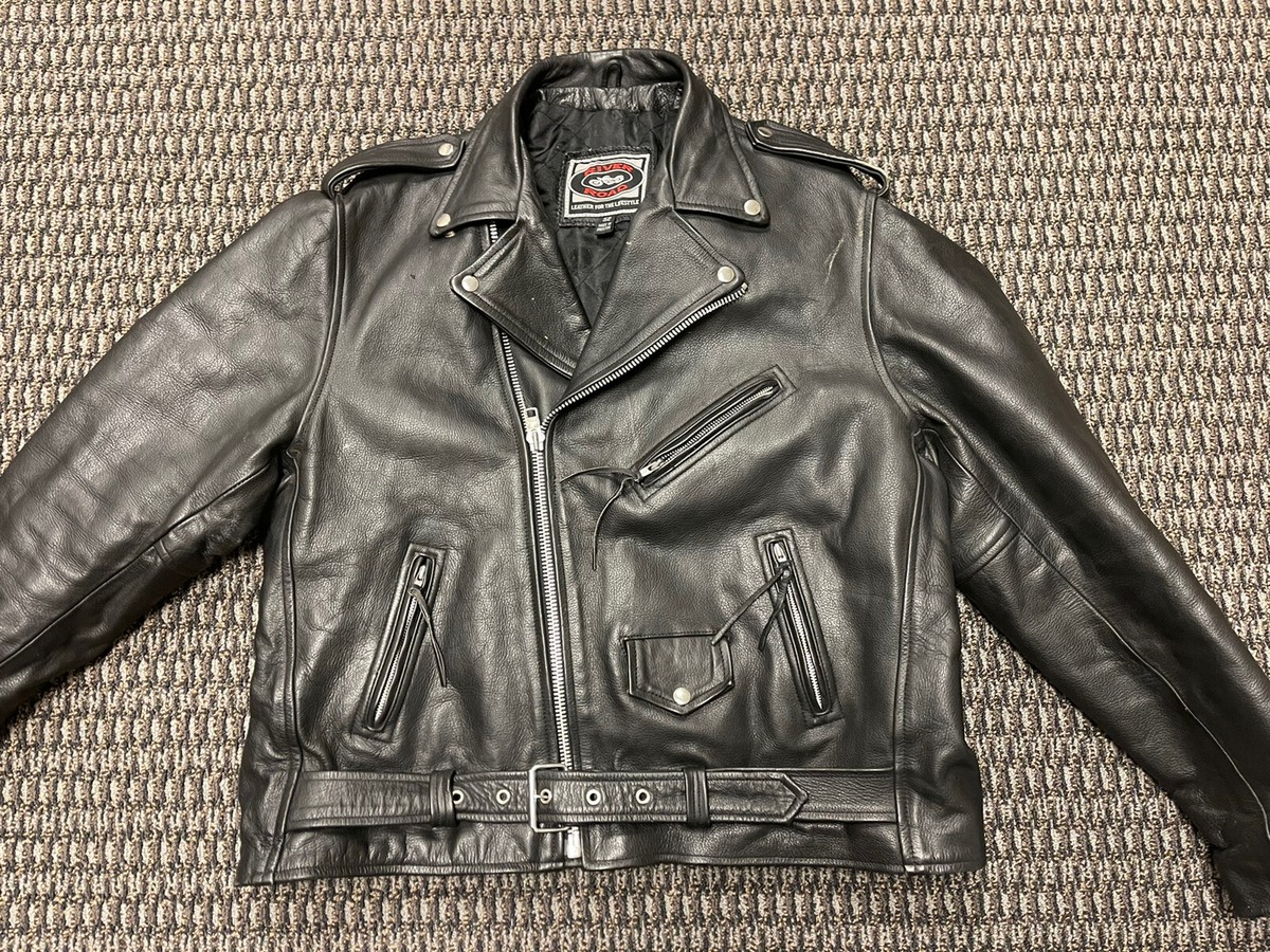 River Road Traditional Biker Slant-Zipper Black Leather Jacket