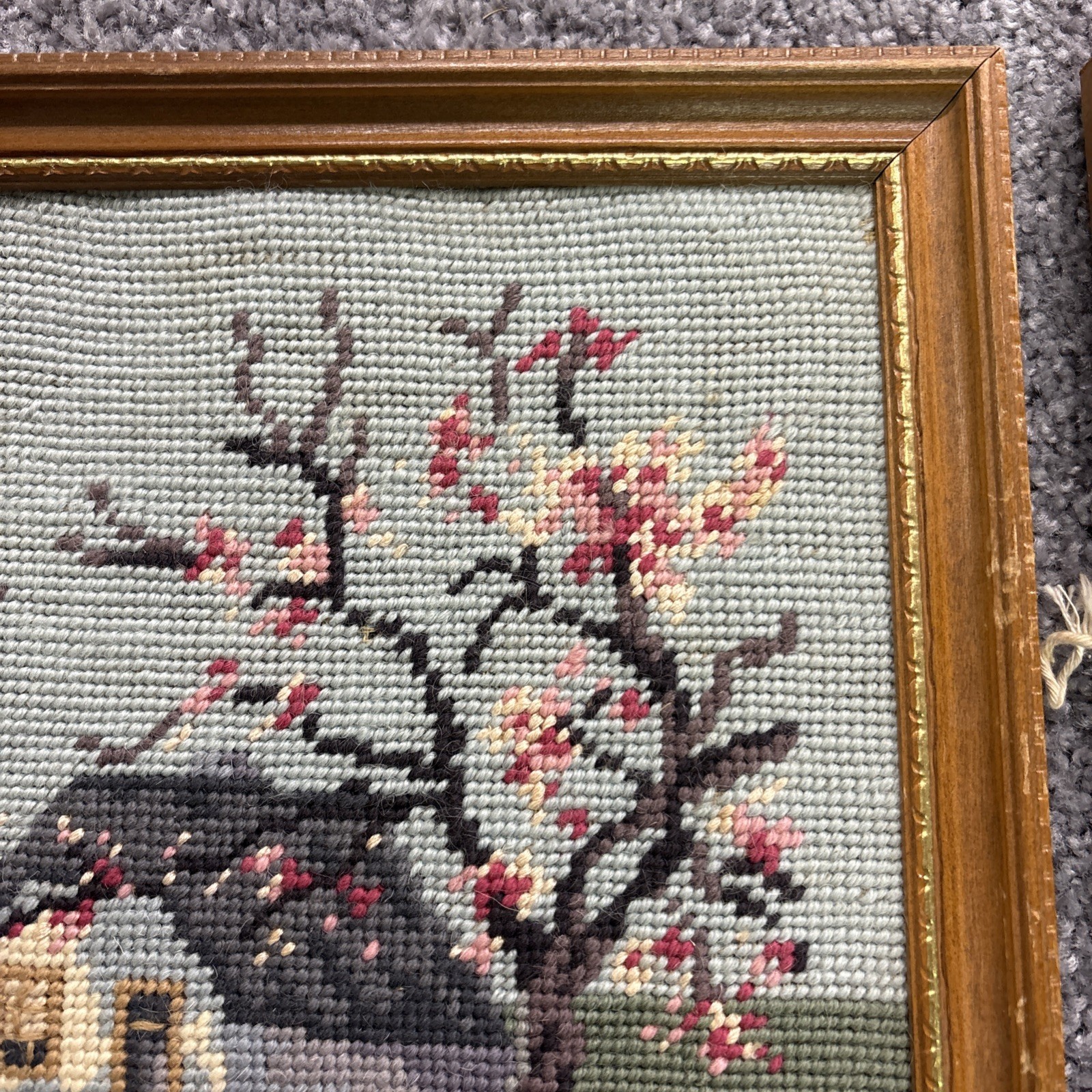 Four Season Needlepoint 11” Framed Pictures Winter Spring Summer Fall Signed