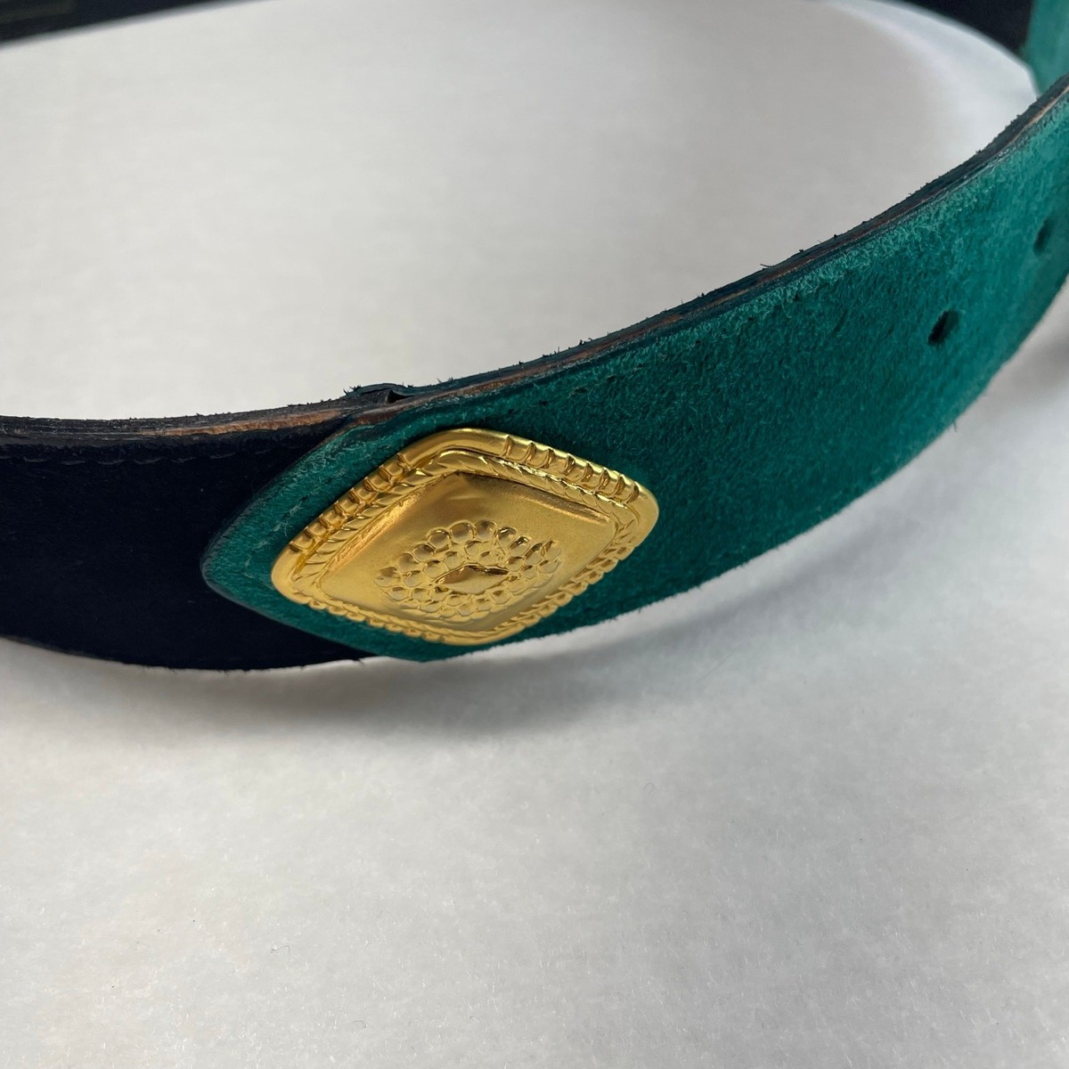 Vintage Doncaster Green Leather Belt Gold Medallion Buckle  display picture 1