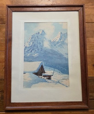 H. Helmut Clausen Aquarell Bild Gemälde Berghütte Hütte Berge Schnee