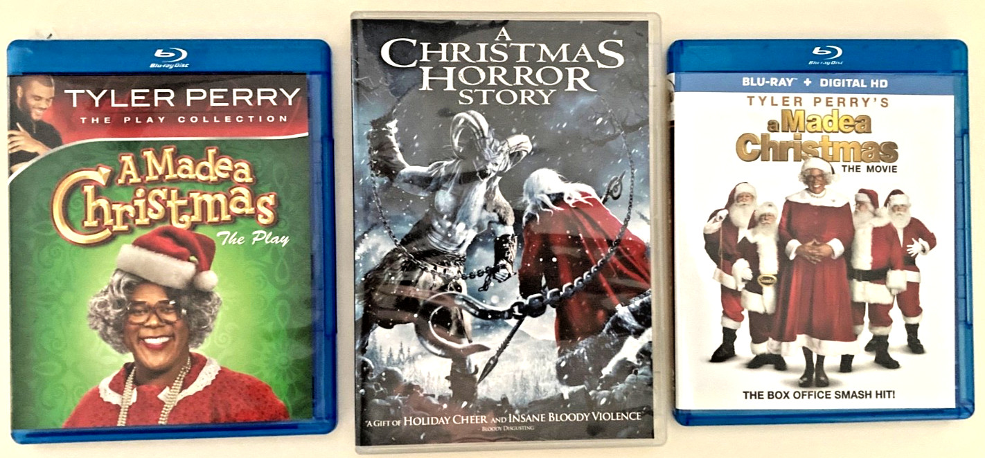 THREE (3) CHRISTMAS/HOLIDAY DVDs/Blu-ray A MADEA CHRISTMAS Play & Movie, HORROR