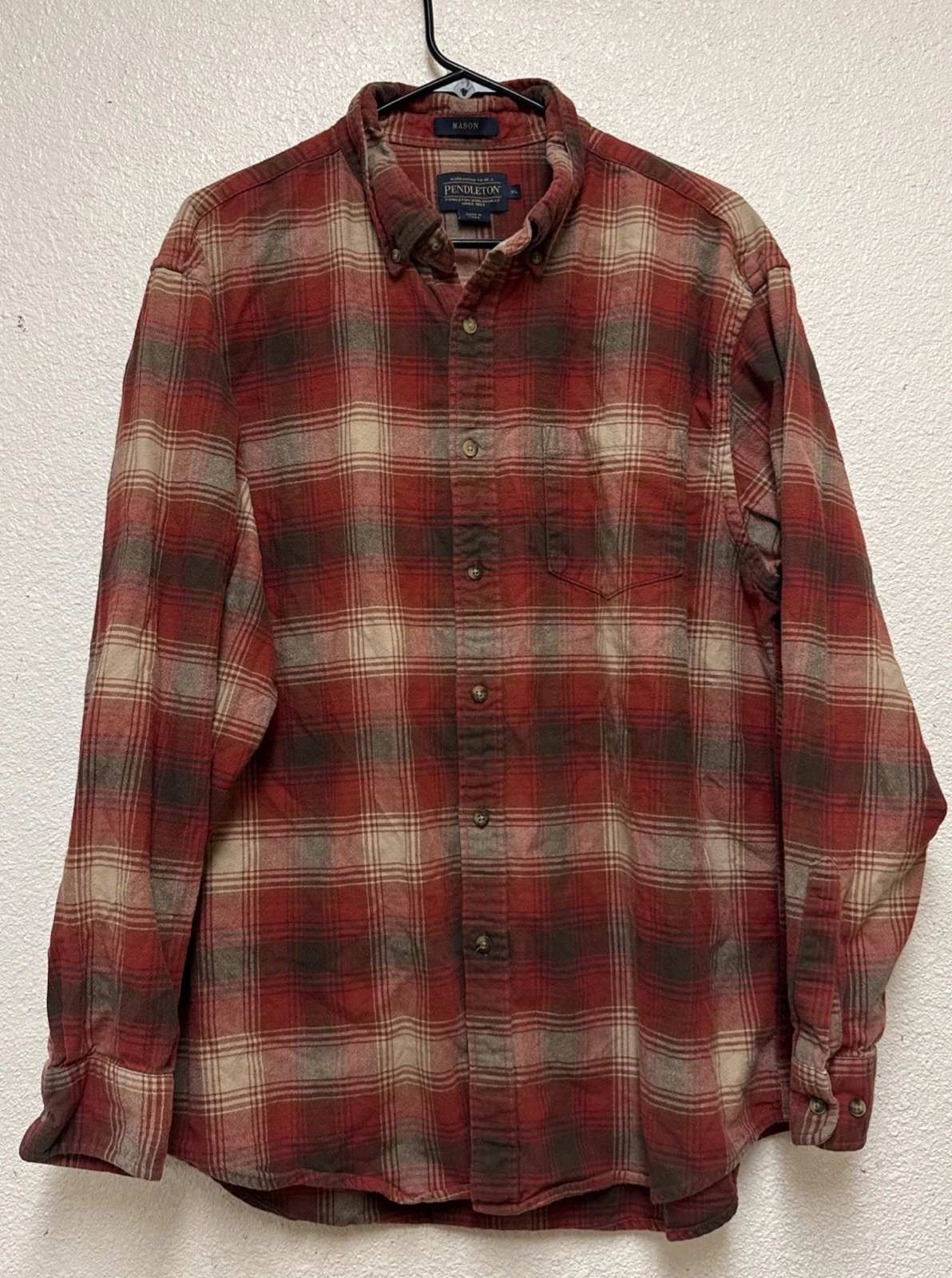 Pendleton Mason Men’s Button Down Shirt Red Flannel Plaid Outdoor Sz XL
