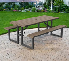 Folding Garden Picnic Table Outdoor 8 Seater Pub Seating Bench with Parasol Hole