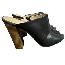 H by Halston Open-Toe Leather Mules Stacked Heel - Kendra Black Size 9