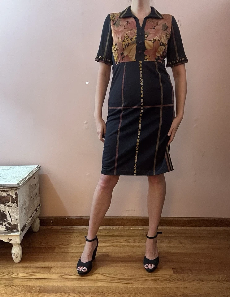 Vintage Años 70 Negro Óxido Naranja Camisa Vaina Vestido S M Foto 2 de 4