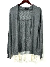 AB Studio Women Gray Open Front Lace Trimmed Knit Cardigan Sweater Sz L 1041T4