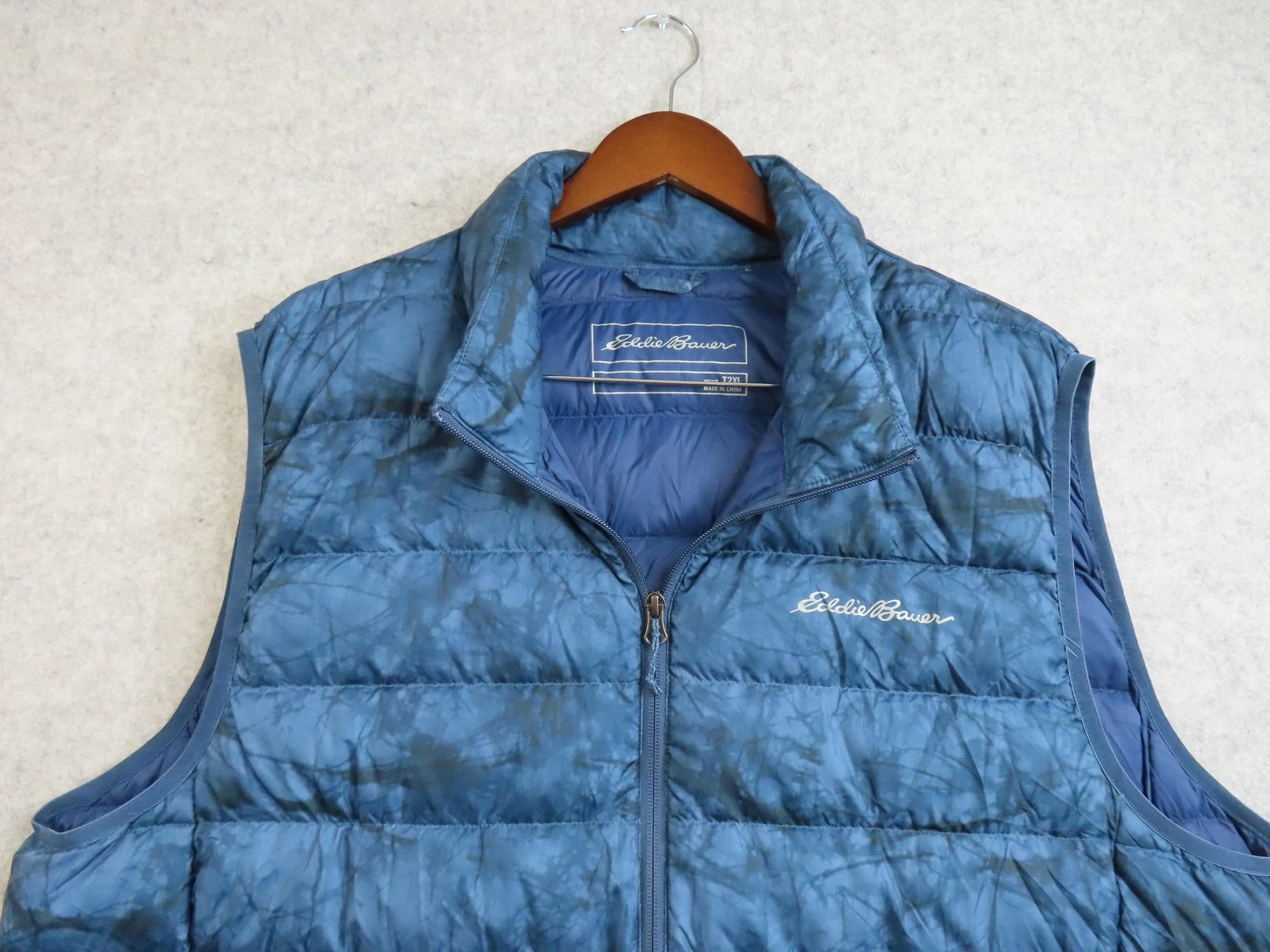 Eddie Bauer Down 650 Vest Mens 2XLT Blue Camo Puffer Full Zip Lightweight EB650