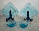 Vintage  Hazel Atlas Capri Aqua Blue Glass 4 Coffee Mugs Cups 4 Sandwich Plates