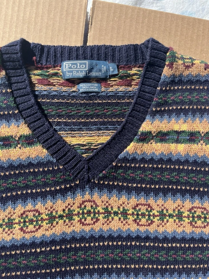 Polo Ralph Lauren мужской большой хлопок льняной кашемир Fair Isle v-образным вырезом свитер - Изображение 3 из 4