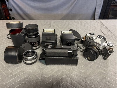 Canon AE-1 Vintage Camera + Lenses, Flash, Winder Bundle Photograph Kit Tested!!